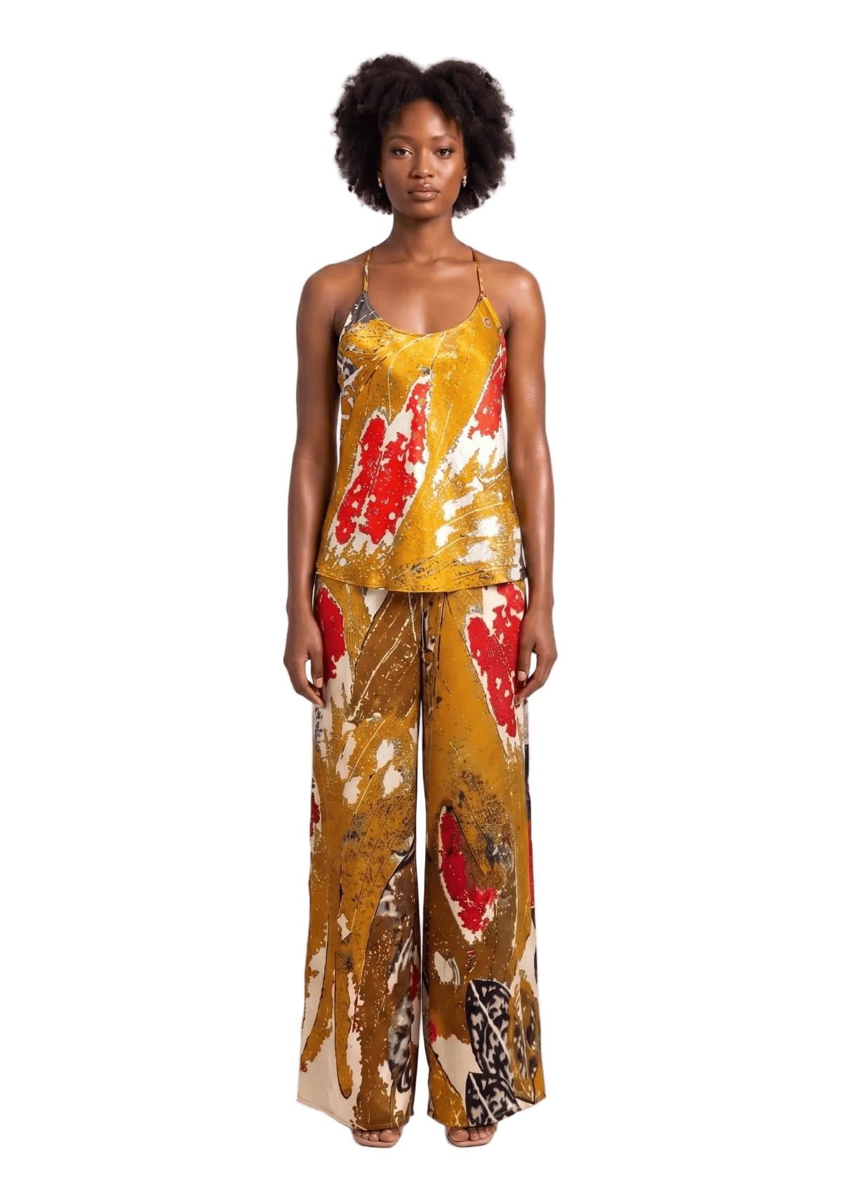 Eki Silk Co-Ord Set 10 / Gold Camisole blouse and Palazzo trousers: 100% Mulberry Silk, Heritage Print Resort Wear