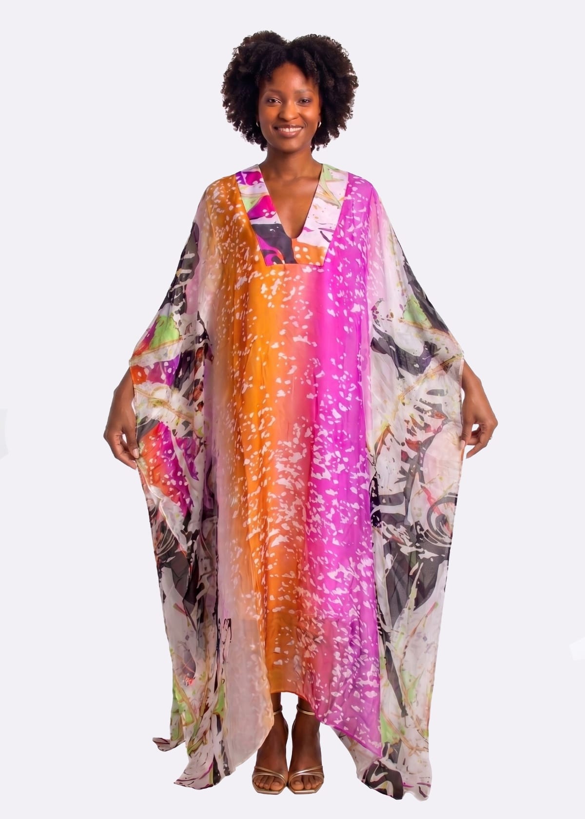 Eki Silk Dresses Fuchsia & Orange 100% Mulberry Silk Kaftan: Sustainable Resort Loungewear - SALE