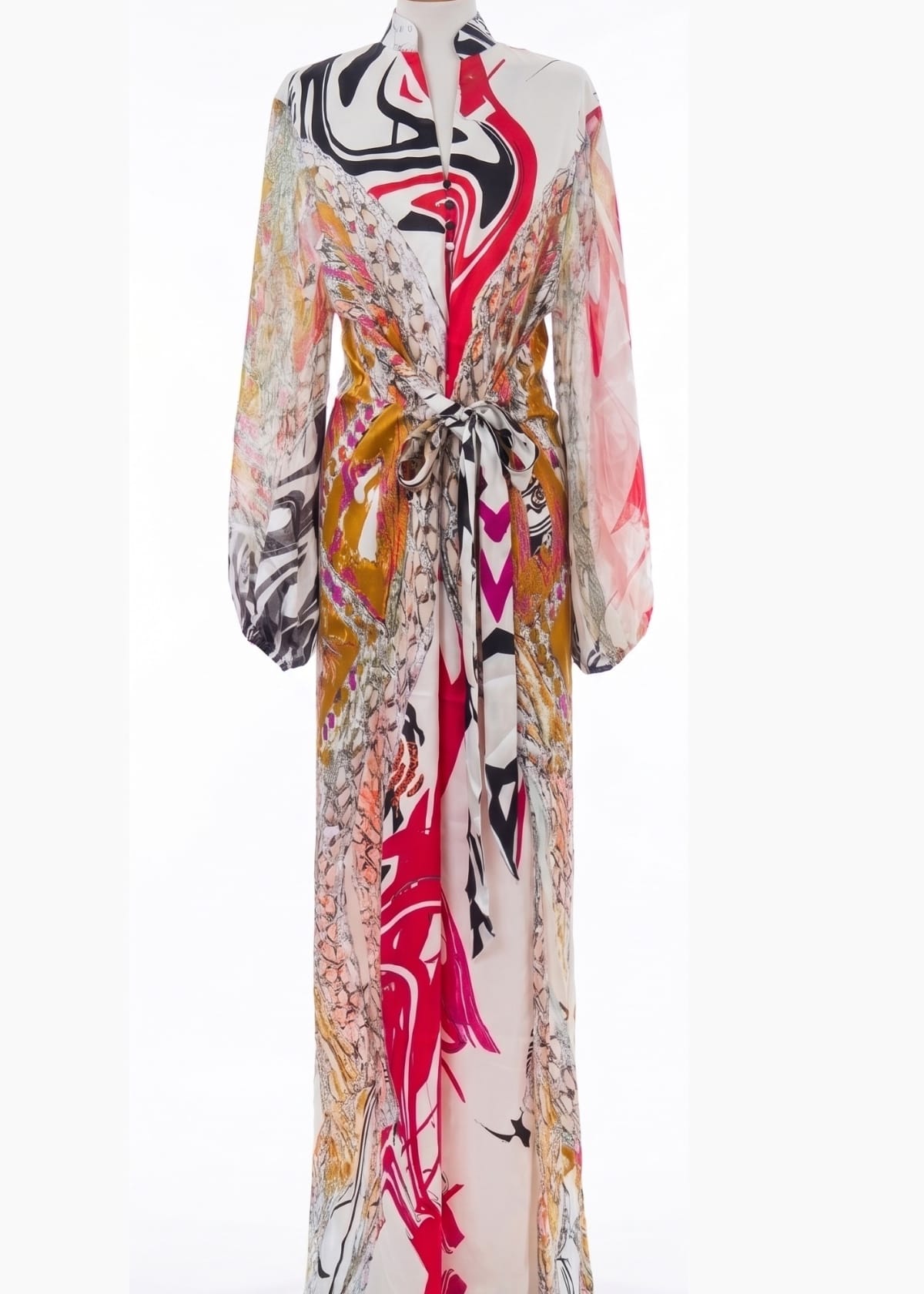 Eki Silk Dresses Red / 12 100% Mulberry Silk Wrap Tie Floor Length Dress: Heritage Print Maxi