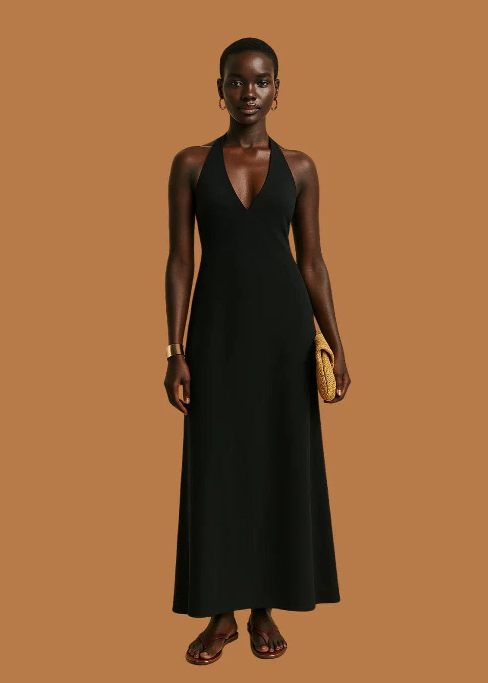 Gloria & Co Dress Black / 8 Sable Halter Maxi – Black Linen Evening Dress with Plunge Neck