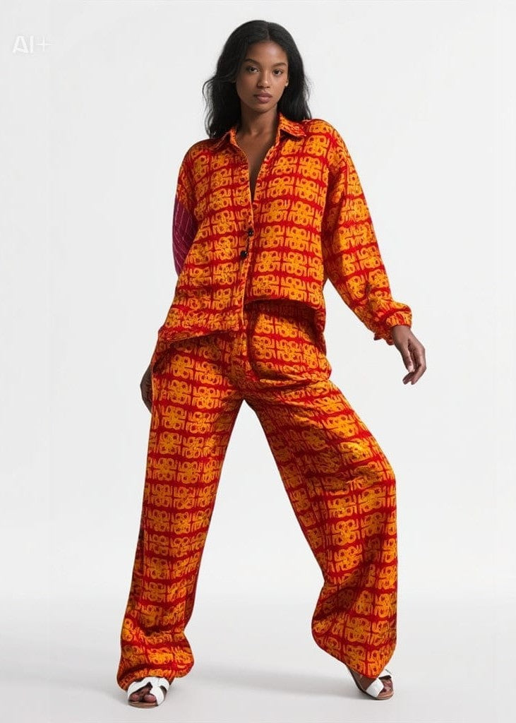 JB Monogram Batik Print Pants - Blue, Orange, White, Burnt Orange - Satin - African Fashion by Jermaine Bleu