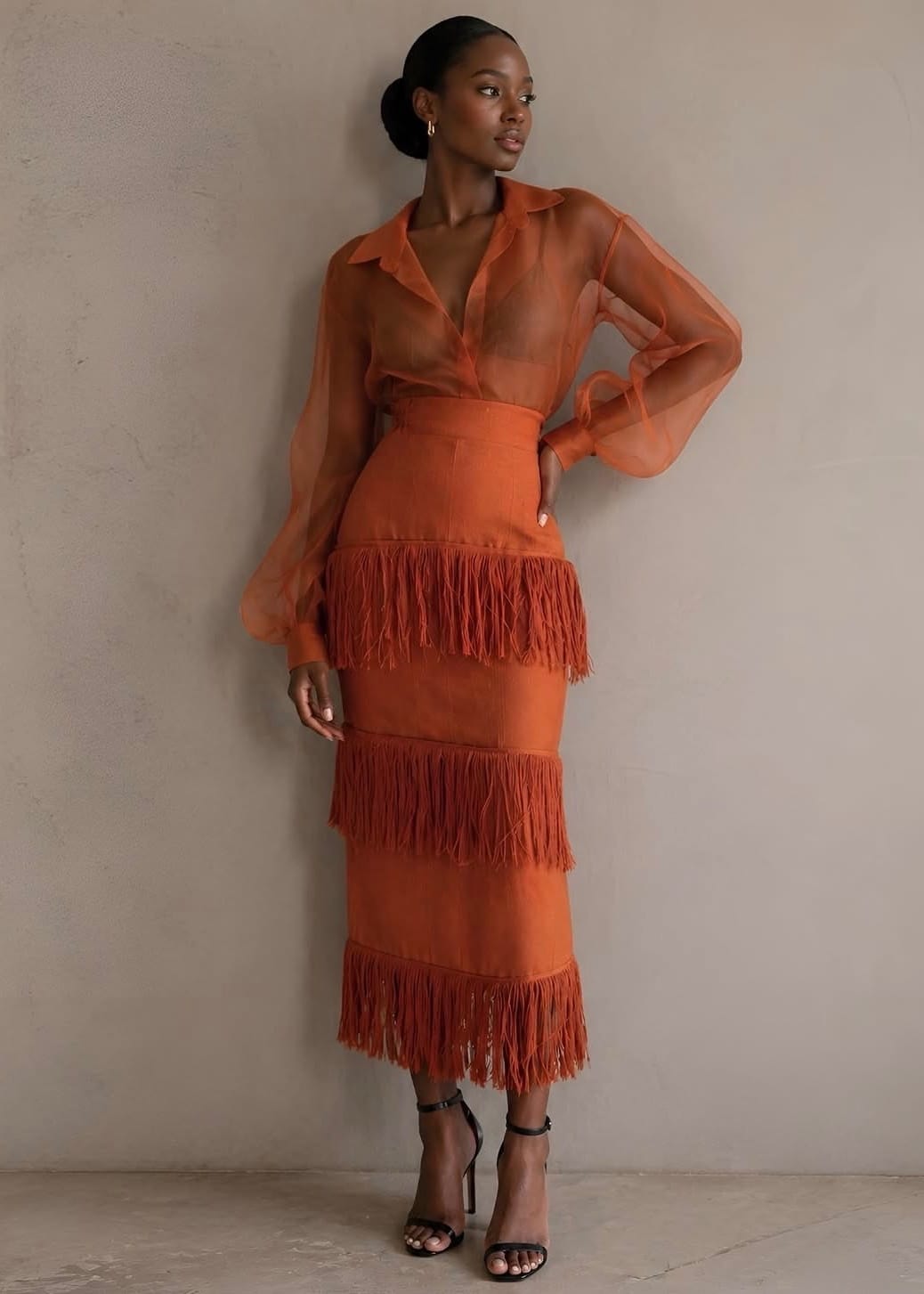 KÀAYA Co-ord Sets & Matching Sets Rust Organdi and Aso Oke fringe set