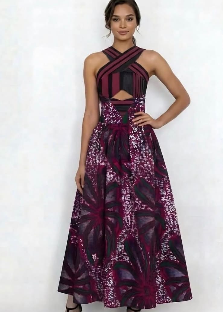 KÀAYA Dresses Wine Sara Aso Oke and hollandis cotton dress