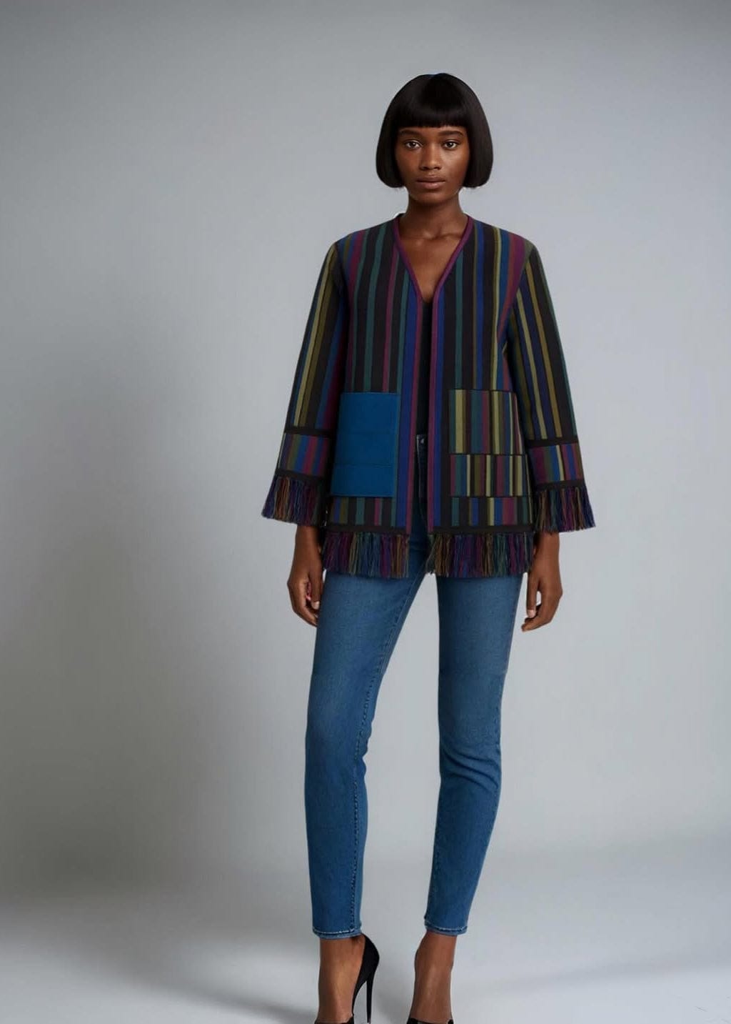 KÀAYA Jackets Rexie Upcycled Aso Oke Fringe Jacket with Velvet Trims