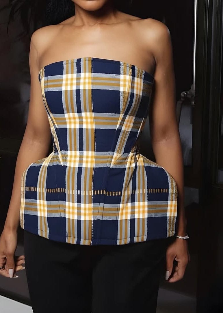 Analise Structured Aso Oke Corset Top - Blue, Black, Tan, Green - Tops - African Fashion by KÀAYA