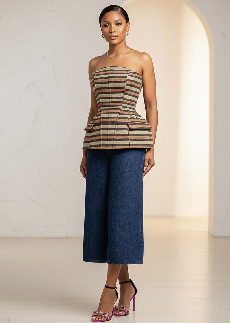 Analise Structured Aso Oke Corset Top - Blue, Black, Tan, Green - Tops - African Fashion by KÀAYA