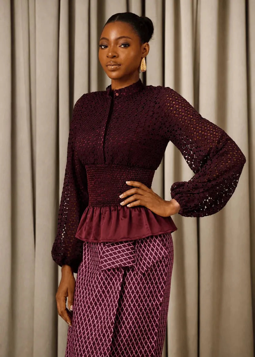 Kwelaku Blouse Kwelaku Lace Smocked Peplum Blouse in Plum