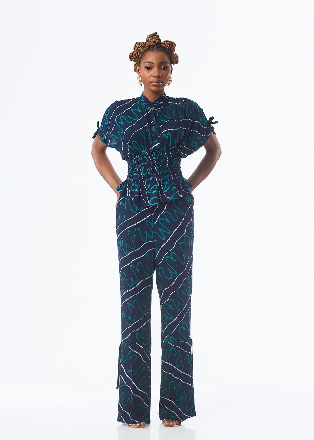 Kwelaku Trousers & Jeans Teal Abstract Drawstring Pants
