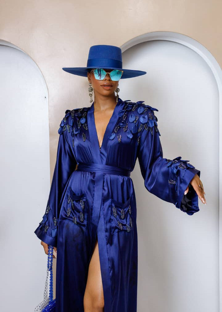 Mian Fego Kimono Nocturne robe available in black and sapphire blue