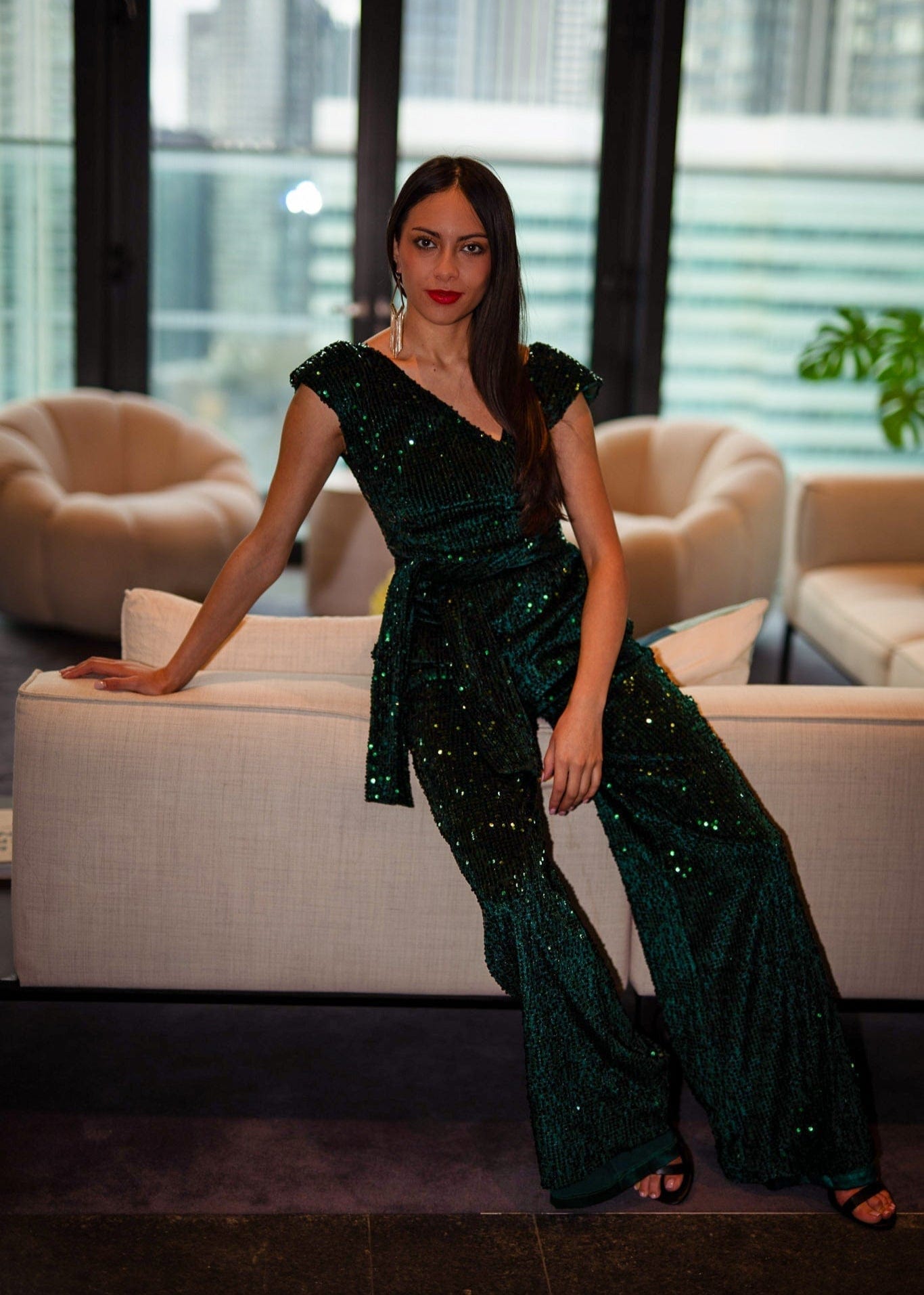 NALÈ Jumpsuit Green Velvet Sequin Jumpsuit with Satin Lining and Detachable Belt
