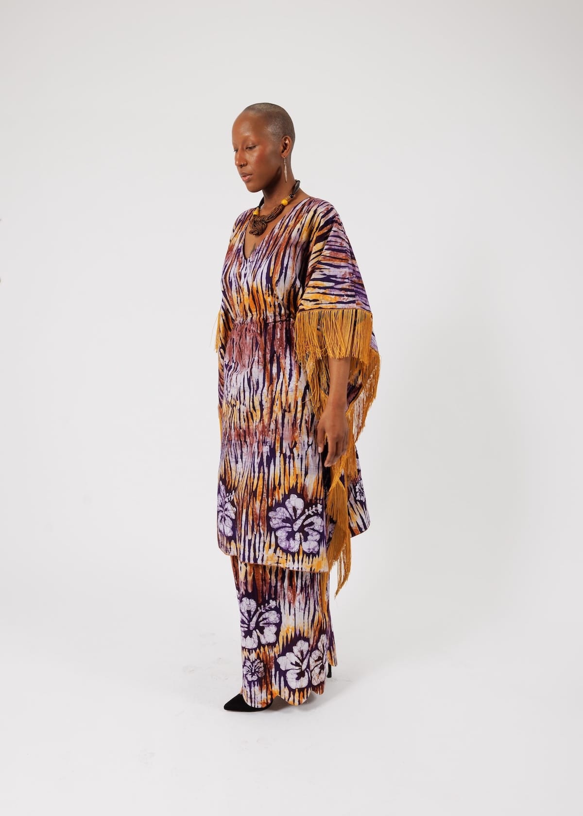 Nyny Ryke Bubus & Kaftans Daria, V-Neck Fringed Batik Kaftan Dress