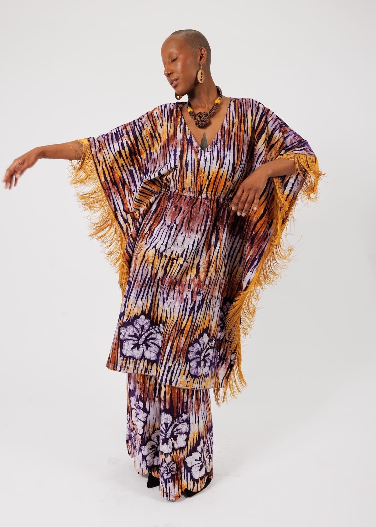 Nyny Ryke Bubus & Kaftans Daria, V-Neck Fringed Batik Kaftan Dress