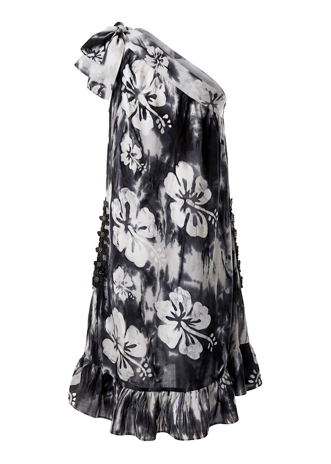 Nyny Ryke Dresses Wilma, One-Shoulder Batik Midi Dress Black & White Floral
