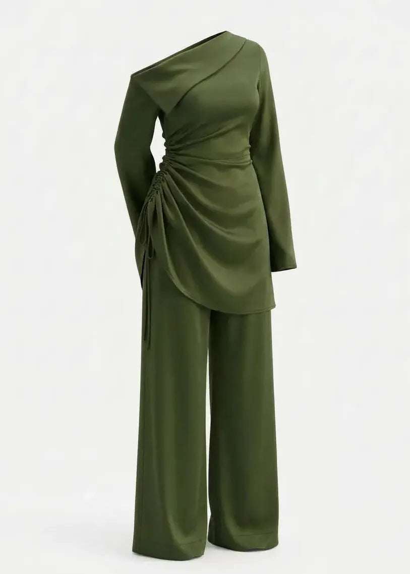 Ruks á la mode Co-ord Sets & Matching Sets Olive Green / 6 / Petite Ummie Drawstring Silk Pant Set