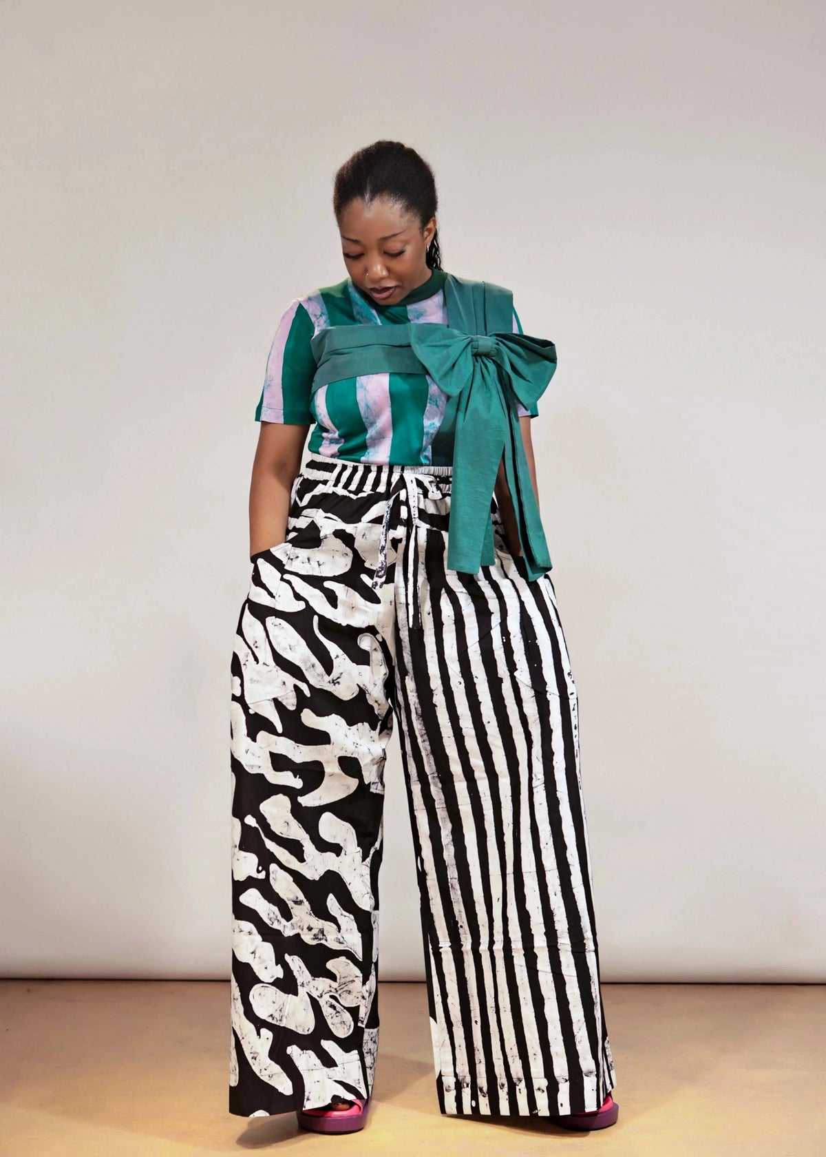 The Budding Blue Pants The Mix Print Black and White Adire Kembe Wide Leg Pant