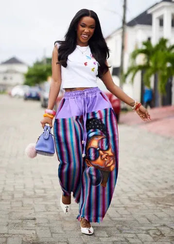 Trax Apparel Pants One Size Efe Handpainted  Aso-oke Barrel Pant - Purple