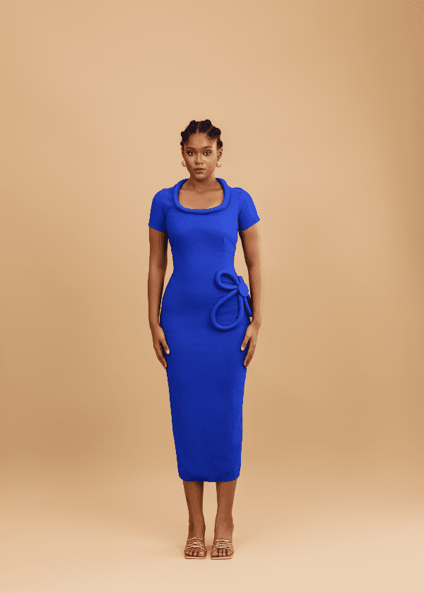 Vexxels Dress Blue / S Elise sculptured flower detail midi dress