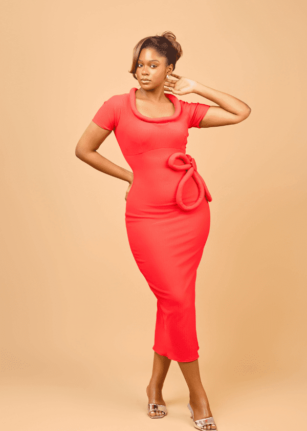 Vexxels Dress Red / S Elise sculptured flower detail midi dress
